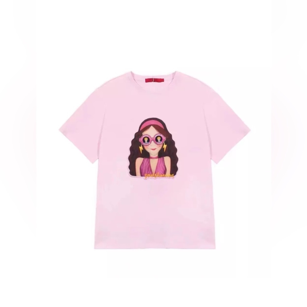 New Youk Shim Won Women's T-shirt Pink Luna With “Youk World” Glasses One Size